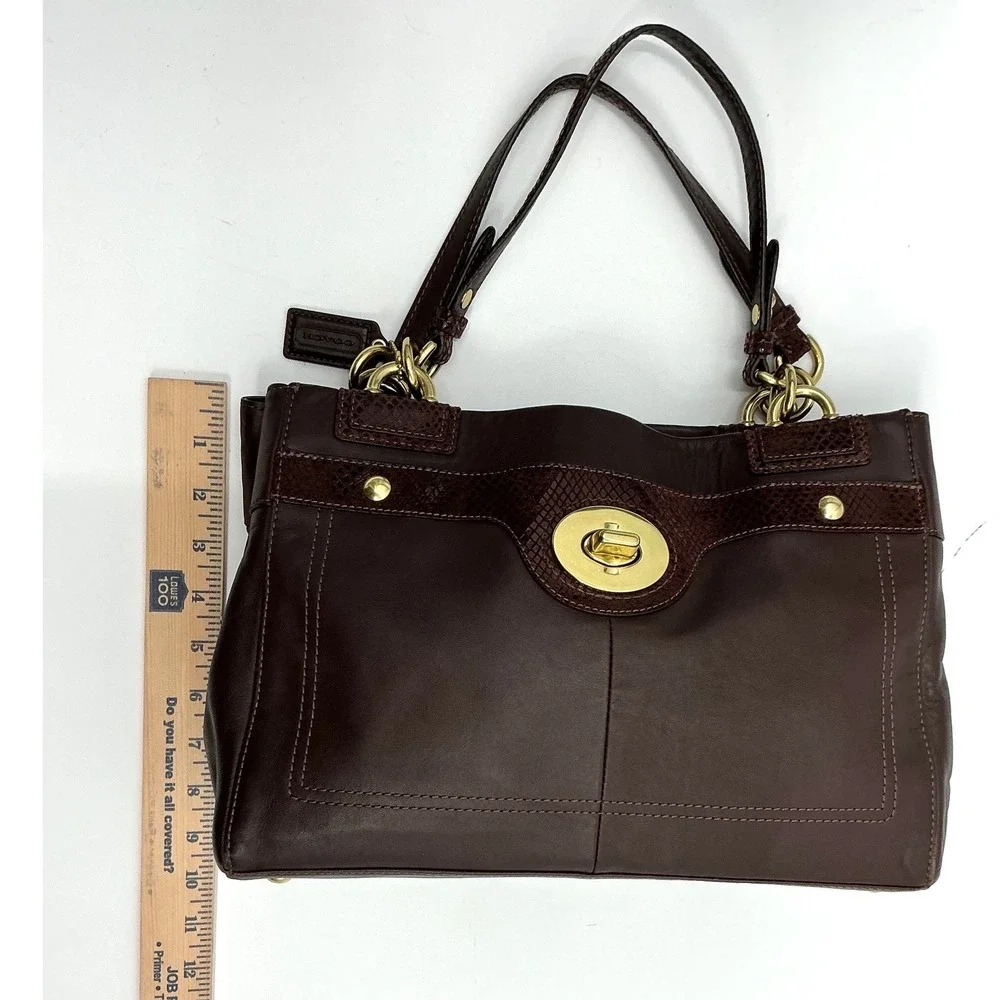 Coach Brown Leather Embossed Snakeskin Trim‎ Tote Shoulder Bag Purse Handbag - Picture 10 of 13